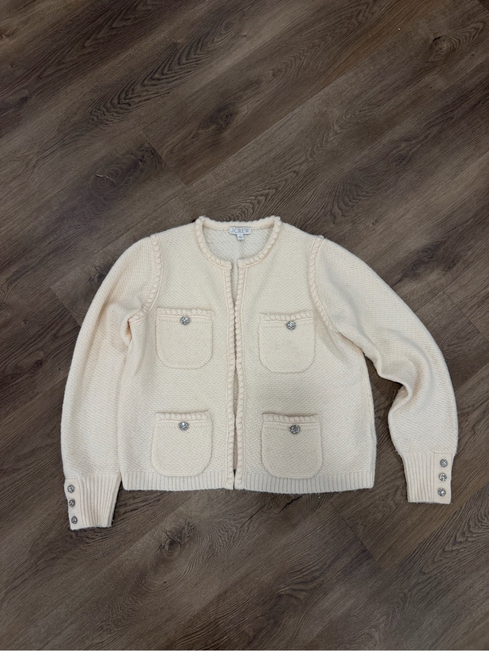 J. Crew Cream Textured Knit Pocket Cardigan with Decorative Buttons